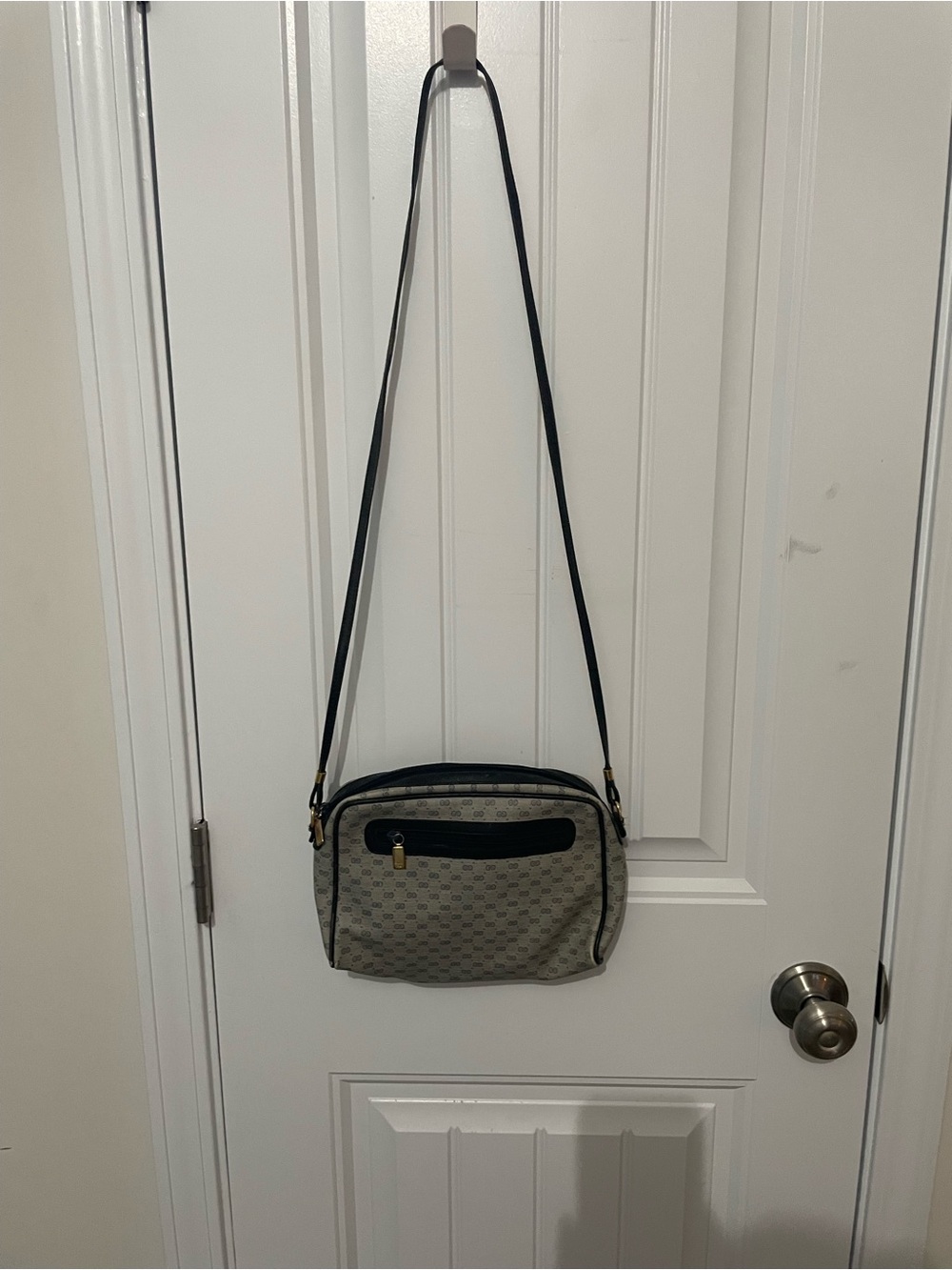 Gucci Beige Monogram Canvas Crossbody with Blue and gray Trim and Gold Hardware